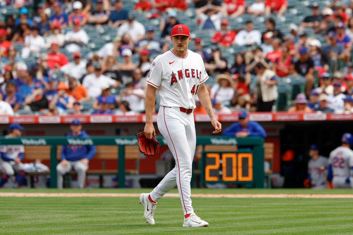 Jack Kochanowicz #41 of the Los Angeles Angels walks to the dugout after a pitching change against the New York Mets at Angel Stadium on May 3, 2026, in Anaheim, California. Jack Kochanowicz #41 of the Los Angeles Angels walks to the dugout after a pitching change against the New York Mets at Angel Stadium on May 3, 2026, in Anaheim, California.