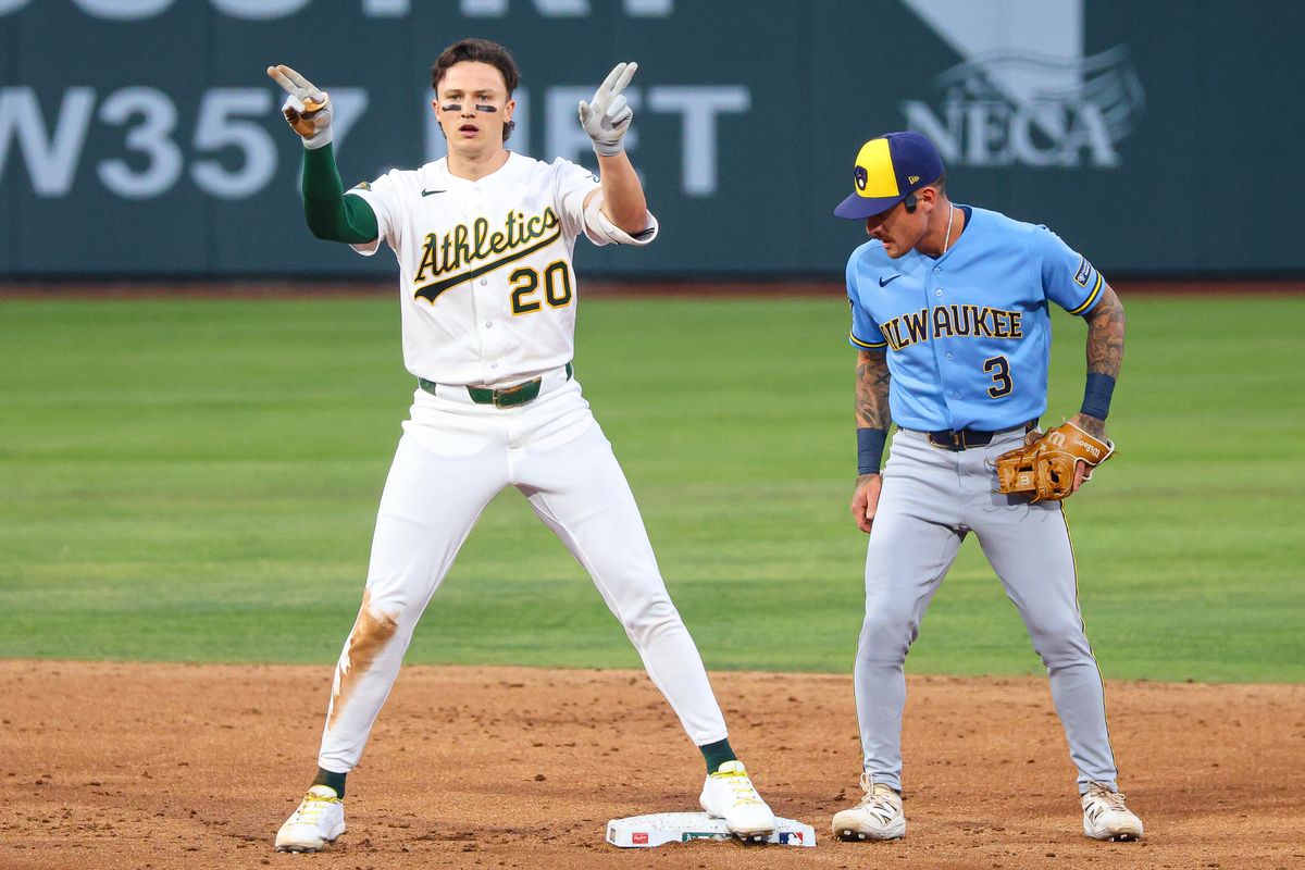 Athletics 2B Zack Gelof (20) looks towards the dugout after hitting a double against the Milwaukee Brewers on Monday June 8, 2026, at the Las Vegas Ballpark in Las Vegas, Nevada. Athletics 2B Zack Gelof (20) looks towards the dugout after hitting a double against the Milwaukee Brewers on Monday June 8, 2026, at the Las Vegas Ballpark in Las Vegas, Nevada.