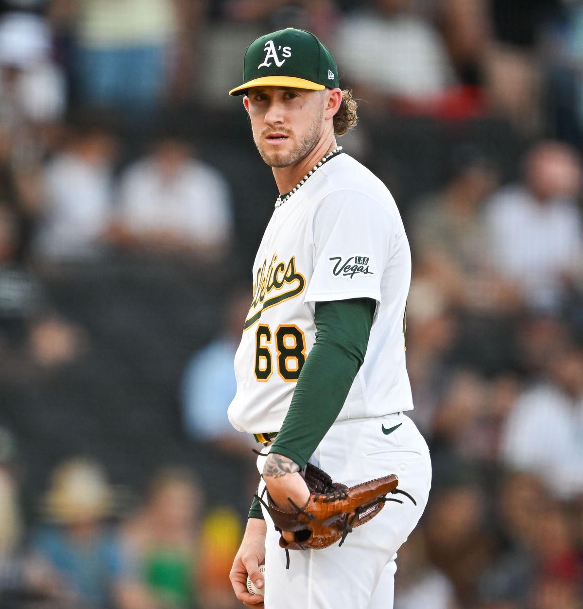 The Las Vegas Athletics right hand pitcher Joey Estes (68) stares down the runner on first during the MLB game against the Colorado Rockies Saturday June 13th, 2026 in Las Vegas, NV. The Las Vegas Athletics right hand pitcher Joey Estes (68) stares down the runner on first during the MLB game against the Colorado Rockies Saturday June 13th, 2026 in Las Vegas, NV.