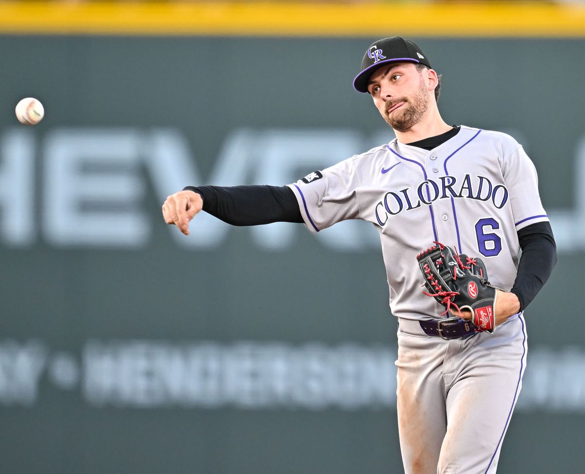 The Colorado Rockies second baseman Edward Julien (6) throws the runner out during the MLB game against the Las Vegas Athletics Saturday June 13th, 2026 in Las Vegas, NV. The Colorado Rockies second baseman Edward Julien (6) throws the runner out during the MLB game against the Las Vegas Athletics Saturday June 13th, 2026 in Las Vegas, NV.