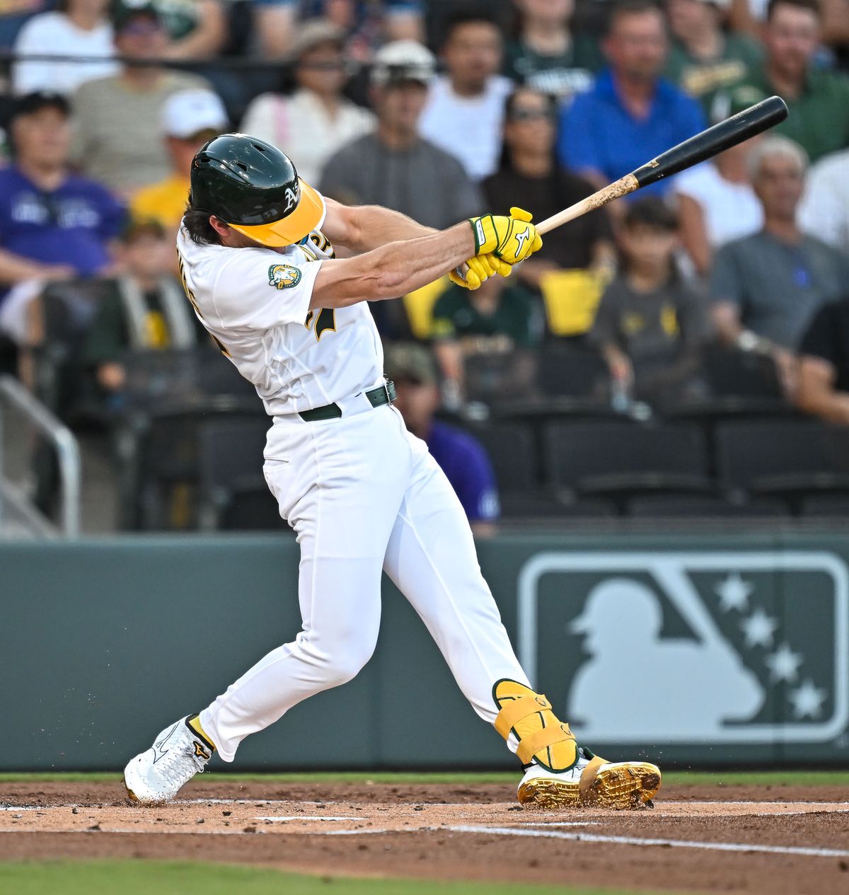 The Las Vegas Athletics (5) get a base hit during the MLB game against the Colorado Rockies Saturday June 13th, 2026 in Las Vegas, NV. The Las Vegas Athletics (5) get a base hit during the MLB game against the Colorado Rockies Saturday June 13th, 2026 in Las Vegas, NV.