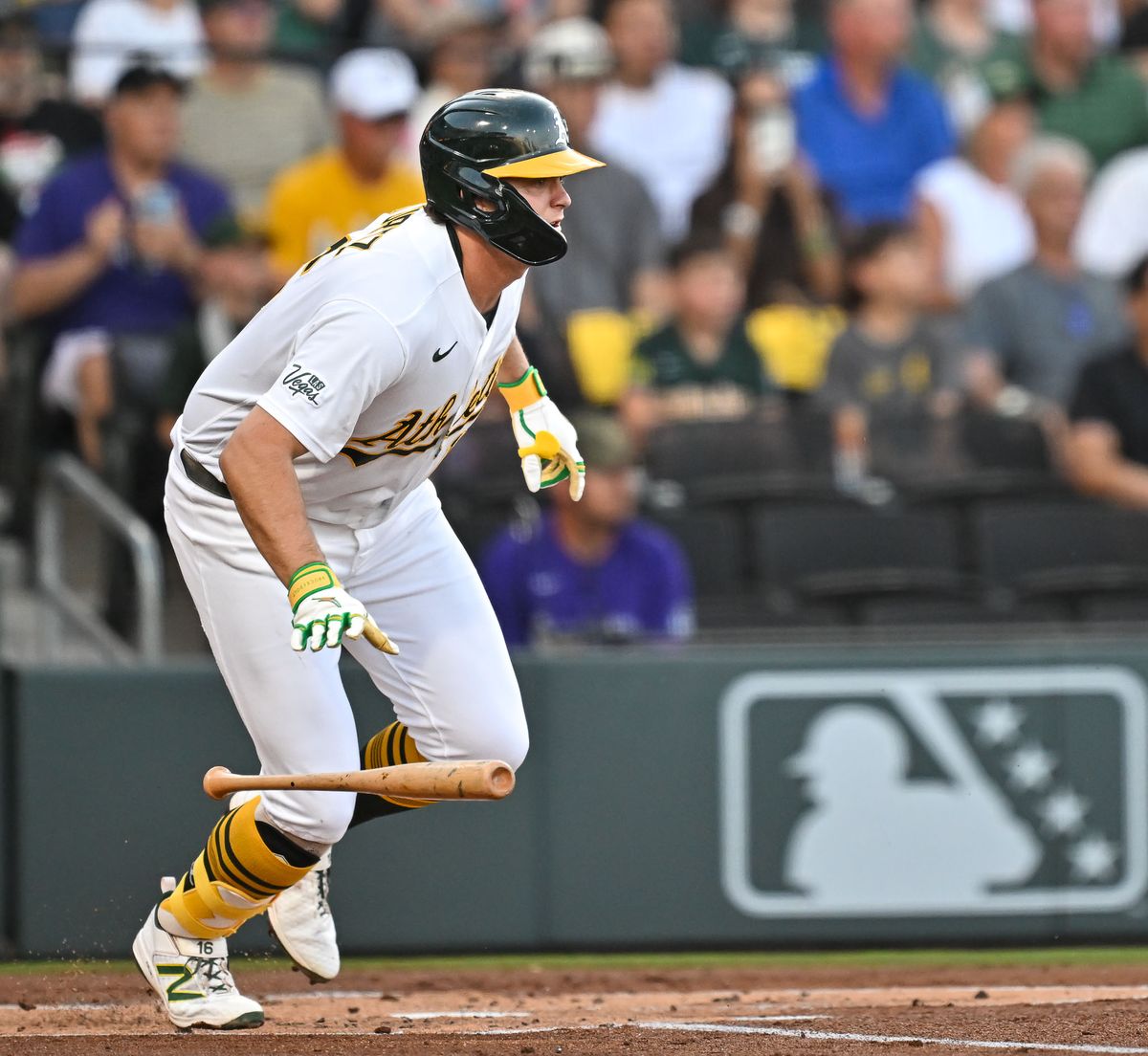 The Las Vegas Athletics first baseman Nick Kurtz (16) gets a base hit during the MLB game against the Colorado Rockies Saturday June 13th, 2026 in Las Vegas, NV. The Las Vegas Athletics first baseman Nick Kurtz (16) gets a base hit during the MLB game against the Colorado Rockies Saturday June 13th, 2026 in Las Vegas, NV.