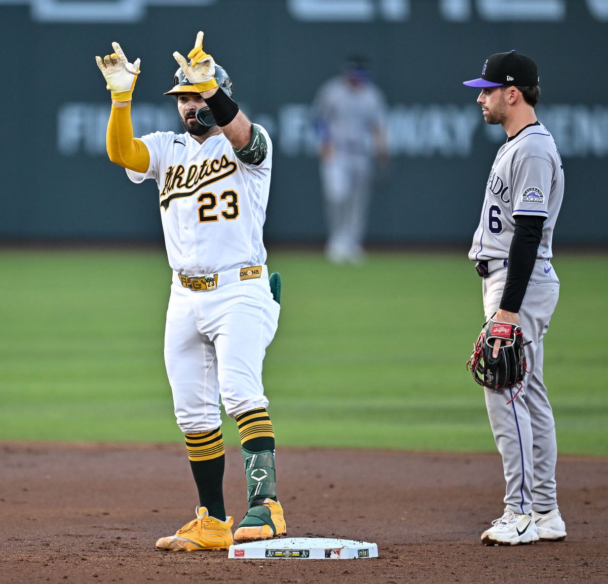 The Las Vegas Athletics catcher Shea Langeliers (23) hits a stand up double during the MLB game against the Colorado Rockies Saturday June 13th, 2026 in Las Vegas, NV. The Las Vegas Athletics catcher Shea Langeliers (23) hits a stand up double during the MLB game against the Colorado Rockies Saturday June 13th, 2026 in Las Vegas, NV.