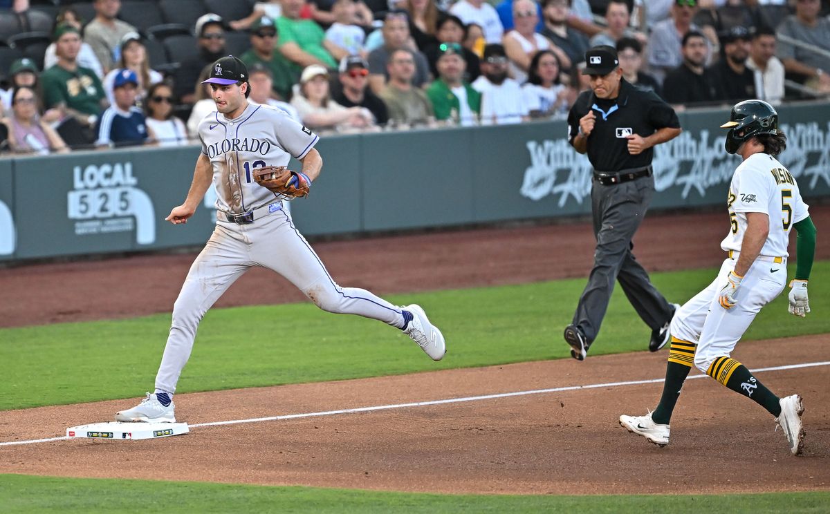 The Colorado Rockies third baseman (12) tags the bag at third during the MLB game against the Las Vegas Athletics Saturday June 13th, 2026 in Las Vegas, NV. The Colorado Rockies third baseman (12) tags the bag at third during the MLB game against the Las Vegas Athletics Saturday June 13th, 2026 in Las Vegas, NV.