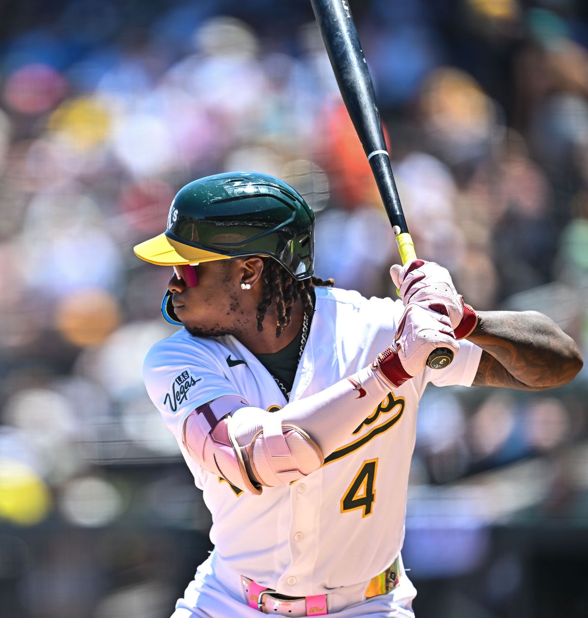 The Las Vegas Athletics center fielder Lawrence Butler (4) hits during the MLB game against the Colorado Rockies Sunday June 14th, 2026 in Las Vegas, NV. The Las Vegas Athletics center fielder Lawrence Butler (4) hits during the MLB game against the Colorado Rockies Sunday June 14th, 2026 in Las Vegas, NV.