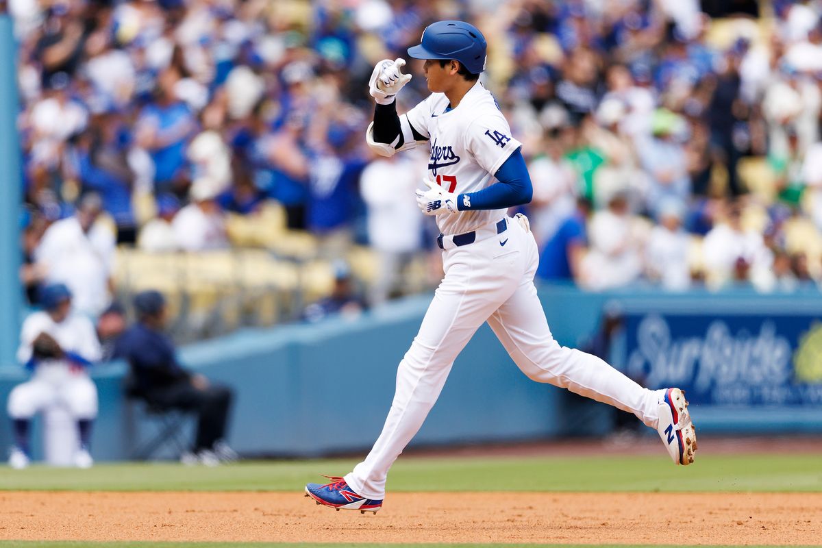Shohei Ohtani #17 of the Los Angeles Dodgers celebrates his home run during the game against the Texas Rangers at Dodger Stadium on April 12, 2026 in Los Angeles, California. Shohei Ohtani #17 of the Los Angeles Dodgers celebrates his home run during the game against the Texas Rangers at Dodger Stadium on April 12, 2026 in Los Angeles, California.