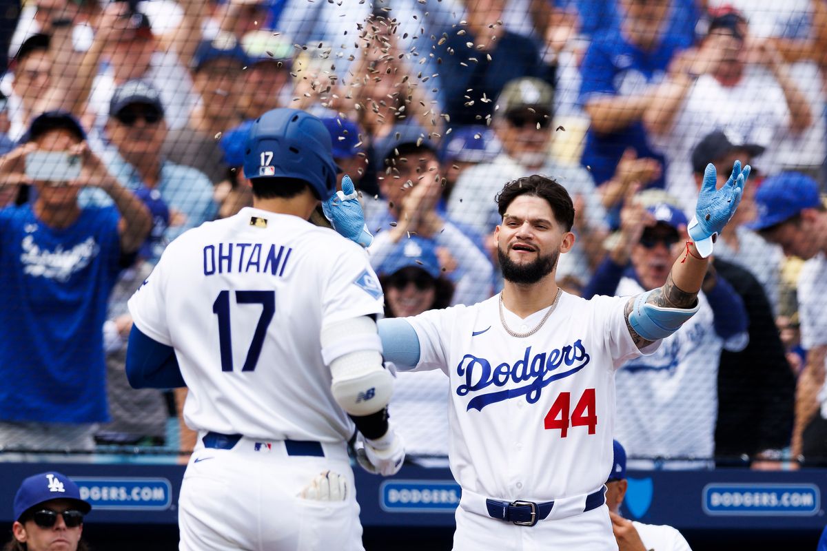 Shohei Ohtani #17 of the Los Angeles Dodgers celebrates his home run with Andy Pages #44 of the Los Angeles Dodgers during the game against the Texas Rangers at Dodger Stadium on April 12, 2026 in Los Angeles, California. Shohei Ohtani #17 of the Los Angeles Dodgers celebrates his home run with Andy Pages #44 of the Los Angeles Dodgers during the game against the Texas Rangers at Dodger Stadium on April 12, 2026 in Los Angeles, California.