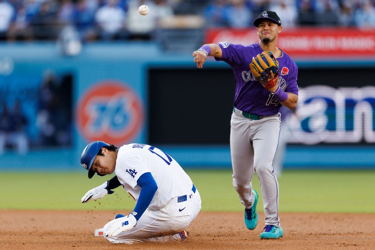 Shohei Ohtani #17 of the Los Angeles Dodgers slides into second base against Ezequiel Tovar #14 of the Colorado Rockies during the game at Dodger Stadium on May 25, 2026 in Los Angeles, California. Shohei Ohtani #17 of the Los Angeles Dodgers slides into second base against Ezequiel Tovar #14 of the Colorado Rockies during the game at Dodger Stadium on May 25, 2026 in Los Angeles, California.
