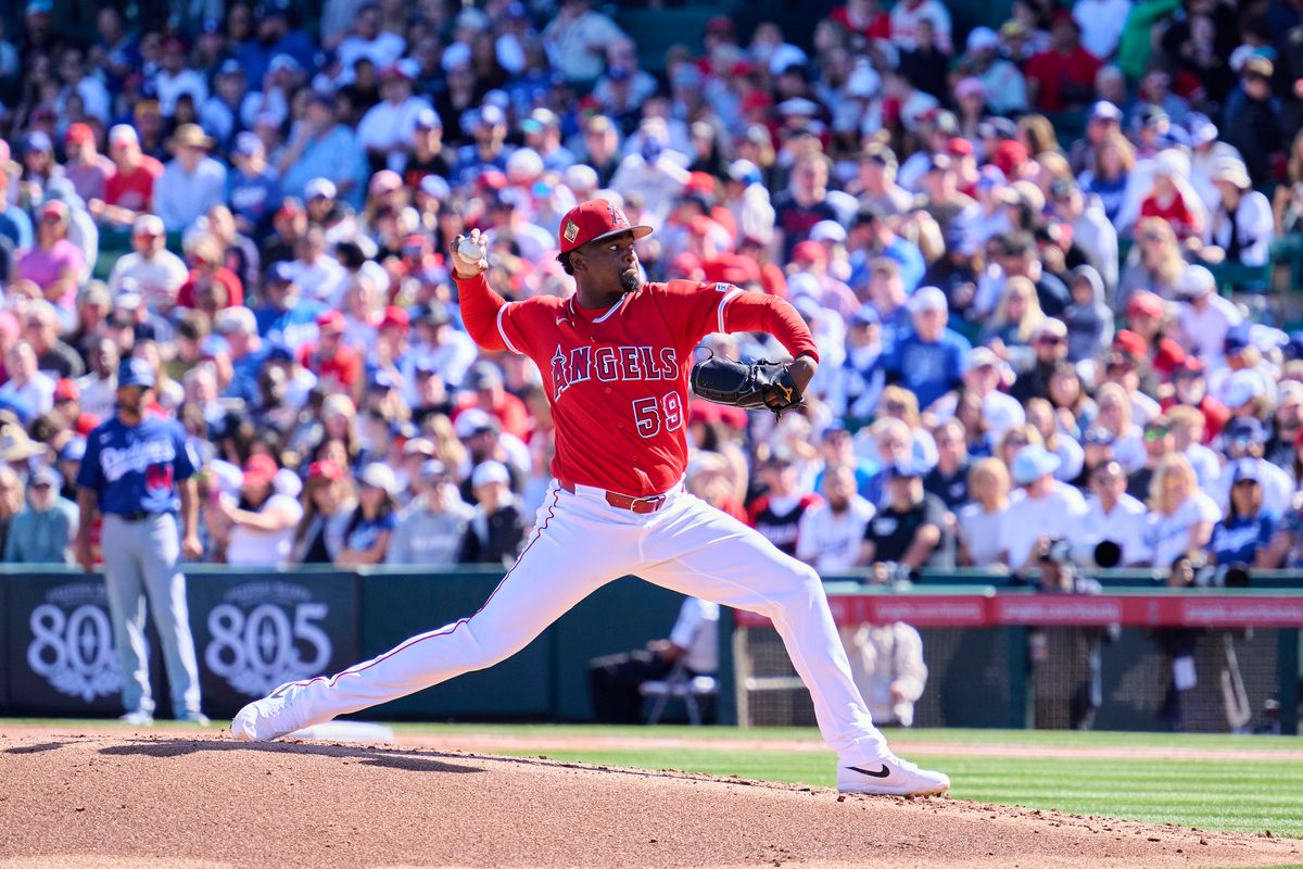 The Los Angeles Angels pitcher josé Soriano (59) pitches against the Los Angeles Dodgers, February 21st, 2026 in Tempe Arizona.