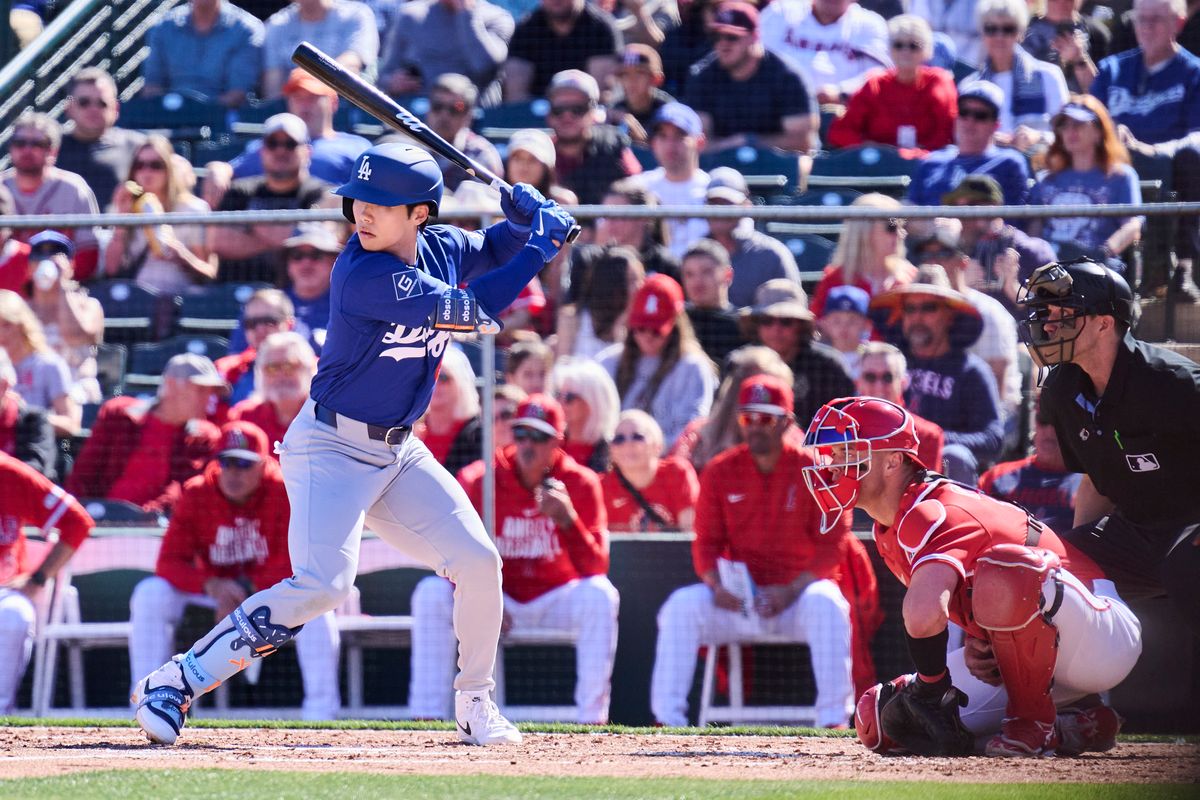 The Los Angeles Dodgers infielder Hyeseong Kim (6) at bat against the Los Angeles Angels, February 21st, 2026 in Tempe Arizona.