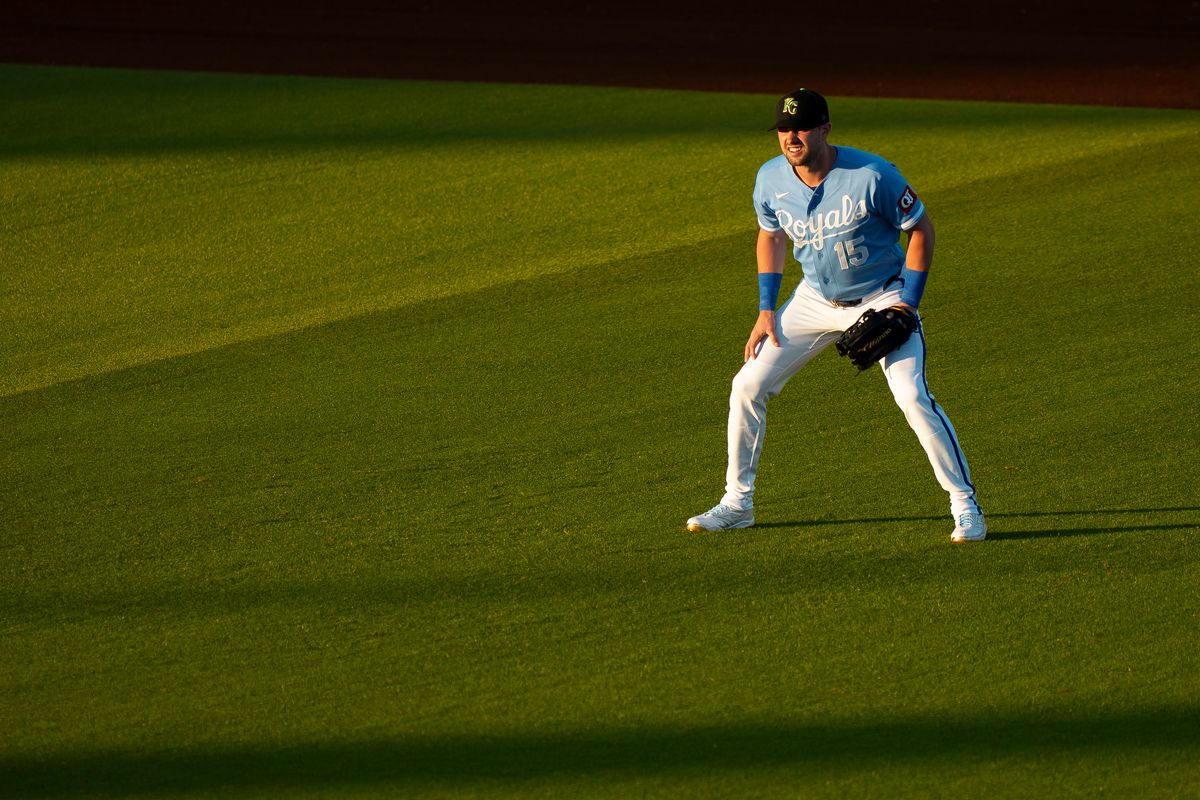 Kansas City Royals outfielder Lane Thomas (15) ready for a fly ball during an MLB spring training baseball game against the Los Angeles Dodgers on March 17th, 2026 in Surprise, AZ. Kansas City Royals outfielder Lane Thomas (15) ready for a fly ball during an MLB spring training baseball game against the Los Angeles Dodgers on March 17th, 2026 in Surprise, AZ.
