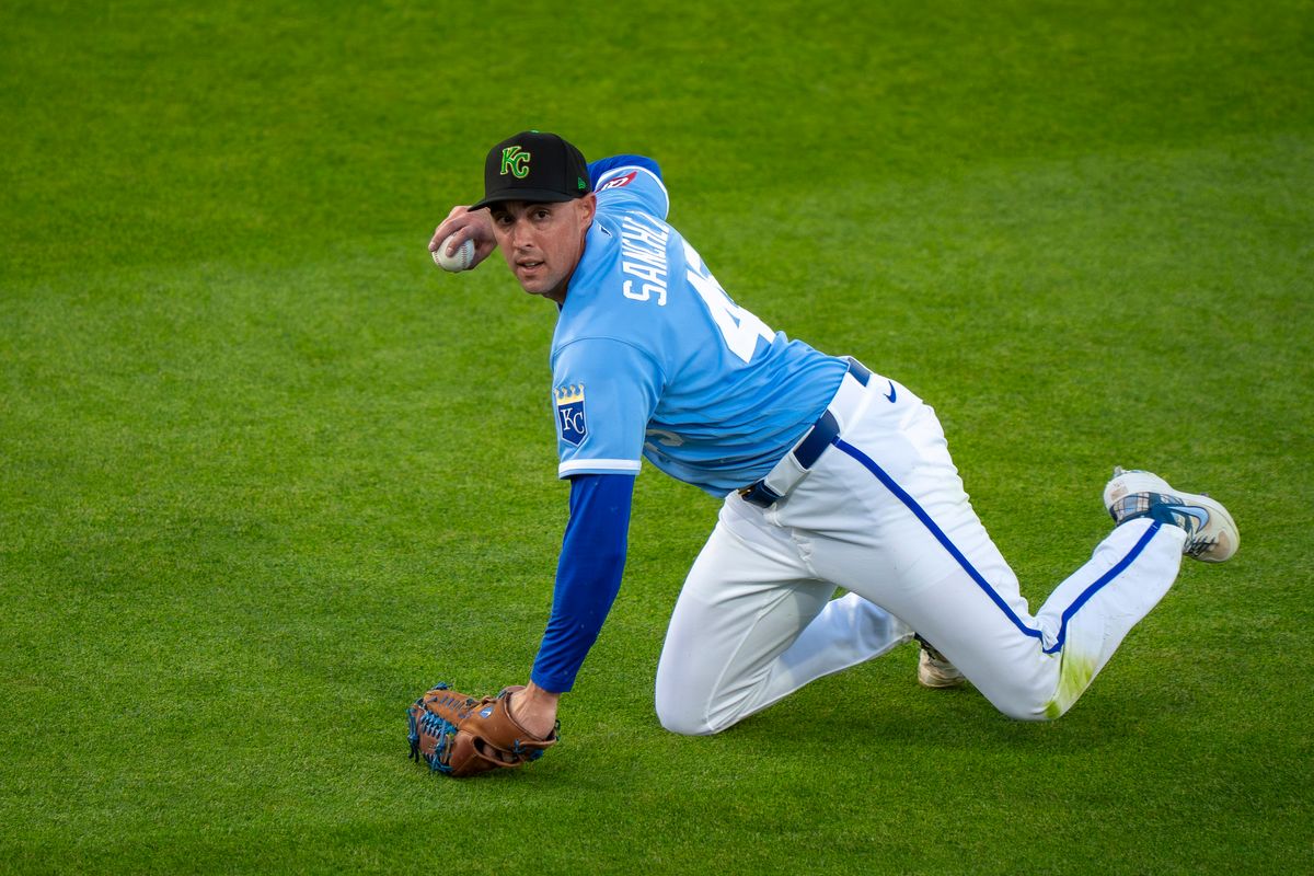 Kansas City Royals pitcher Aaron Sanchez (45) playing shortstop during an MLB spring training baseball game against the Los Angeles Dodgers on March 17th, 2026 in Surprise, AZ. Kansas City Royals pitcher Aaron Sanchez (45) playing shortstop during an MLB spring training baseball game against the Los Angeles Dodgers on March 17th, 2026 in Surprise, AZ.