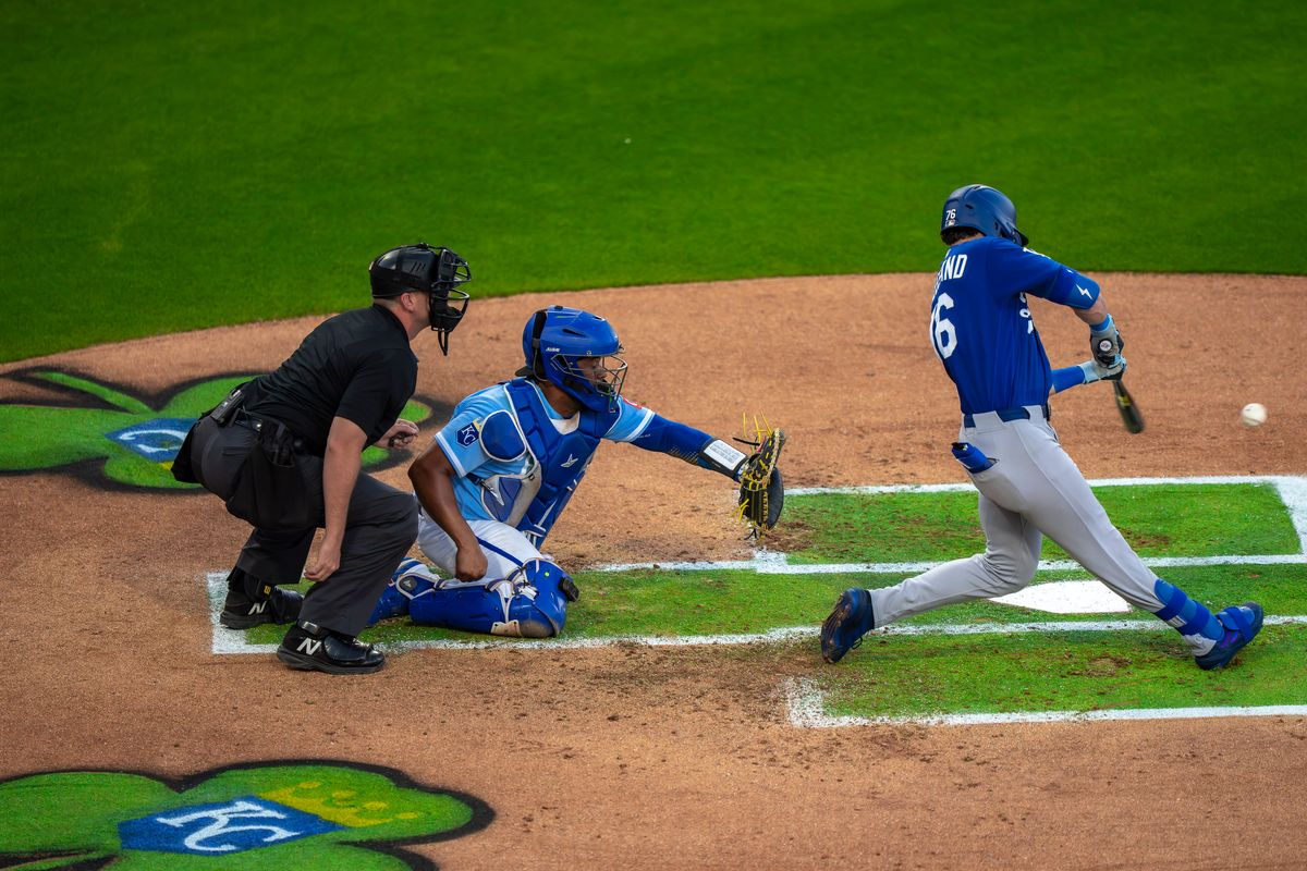 Los Angeles Dodgers infielder Alex Freeland (76) hitting a foul during an MLB spring training baseball game against the Kansas City Royals on March 17th, 2026 in Surprise, AZ. Los Angeles Dodgers infielder Alex Freeland (76) hitting a foul during an MLB spring training baseball game against the Kansas City Royals on March 17th, 2026 in Surprise, AZ.