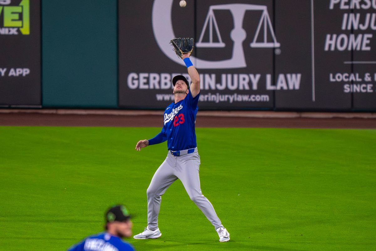 Los Angeles Dodgers outfielder Kyle Tucker (23)catching a fly out during an MLB spring training baseball game against the Kansas City Royals on March 17th, 2026 in Surprise, AZ. Los Angeles Dodgers outfielder Kyle Tucker (23)catching a fly out during an MLB spring training baseball game against the Kansas City Royals on March 17th, 2026 in Surprise, AZ.