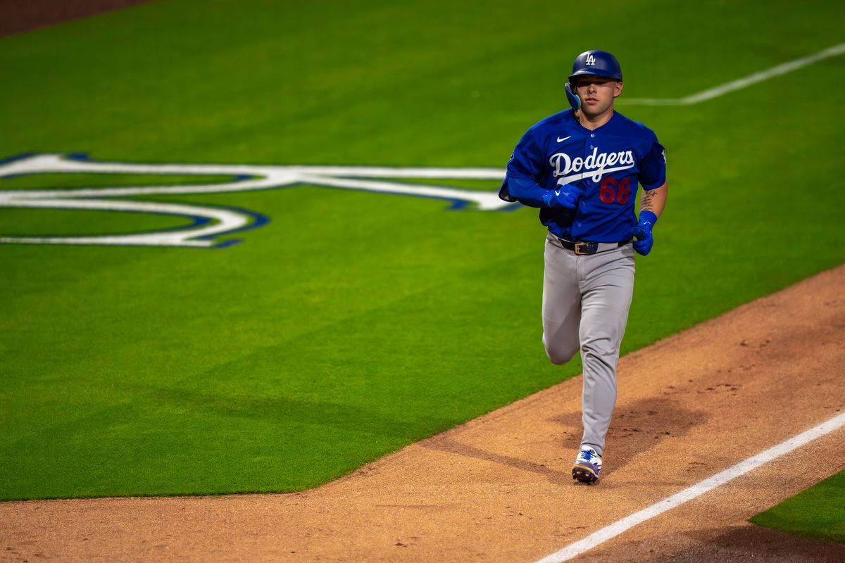 Los Angeles Dodgers catcher Dalton Rushing (68) runs the bases after hitting a homerun during an MLB spring training baseball game against the Kansas City Royals on March 17th, 2026 in Surprise, AZ. Los Angeles Dodgers catcher Dalton Rushing (68) runs the bases after hitting a homerun during an MLB spring training baseball game against the Kansas City Royals on March 17th, 2026 in Surprise, AZ.