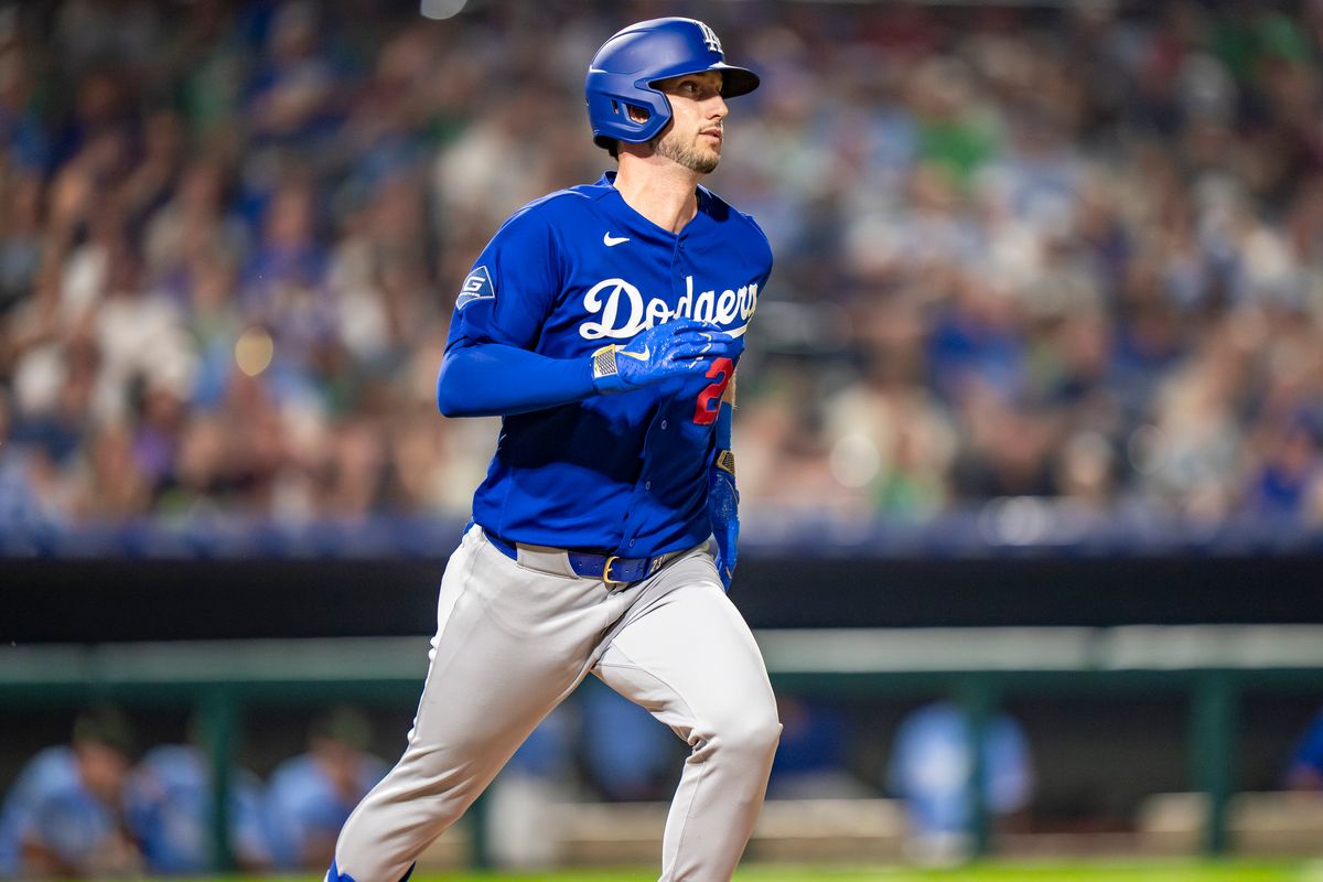 Los Angeles Dodgers outfielder Kyle Tucker (23) running to first during a ground out during an MLB spring training baseball game against the Kansas City Royals on March 17th, 2026 in Surprise, AZ. Los Angeles Dodgers outfielder Kyle Tucker (23) running to first during a ground out during an MLB spring training baseball game against the Kansas City Royals on March 17th, 2026 in Surprise, AZ.