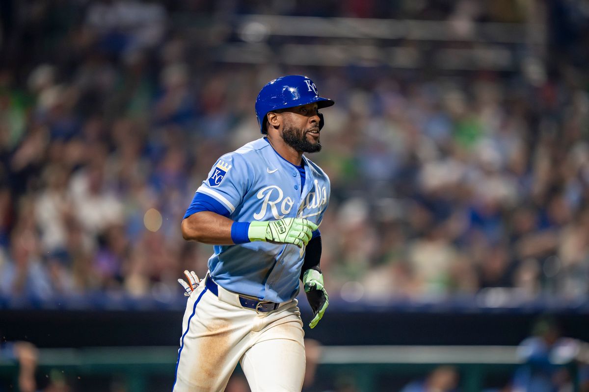 Kansas City Royals outfielder Starling Marte (0) jogging to first after a pop fly out during an MLB spring training baseball game against the Los Angeles Dodgers on March 17th, 2026 in Surprise, AZ. Kansas City Royals outfielder Starling Marte (0) jogging to first after a pop fly out during an MLB spring training baseball game against the Los Angeles Dodgers on March 17th, 2026 in Surprise, AZ.