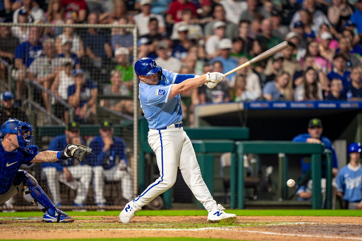 Kansas City Royals infielder Brandon Drury (24) fouling out during an MLB spring training baseball game against the Los Angeles Dodgers on March 17th, 2026 in Surprise, AZ. Kansas City Royals infielder Brandon Drury (24) fouling out during an MLB spring training baseball game against the Los Angeles Dodgers on March 17th, 2026 in Surprise, AZ.