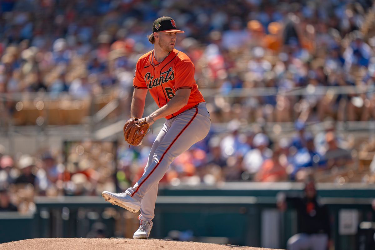San Francisco Giants pitcher Landen Roupp (65) pitching during an MLB spring training baseball game against the Los Angeles Dodgers on March 18th, 2026 in Glendale, AZ. San Francisco Giants pitcher Landen Roupp (65) pitching during an MLB spring training baseball game against the Los Angeles Dodgers on March 18th, 2026 in Glendale, AZ.