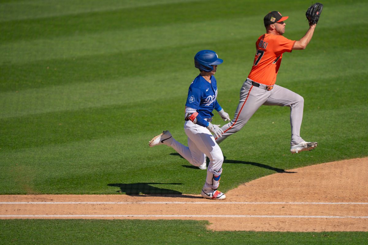 Los Angeles Dodgers shortstop Hyeseong Kim (6) racing to first after hitting a fly ball during an MLB spring training baseball game against the San Fransisco Giants on March 18th, 2026 in Glendale, AZ. Los Angeles Dodgers shortstop Hyeseong Kim (6) racing to first after hitting a fly ball during an MLB spring training baseball game against the San Fransisco Giants on March 18th, 2026 in Glendale, AZ.