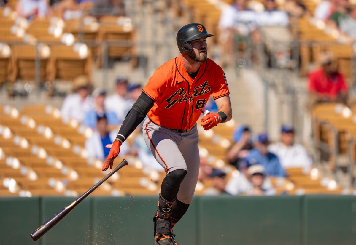 San Francisco Giants infielder Bryce Eldridge (8) running to first base during an MLB spring training baseball game against the Los Angeles Dodgers on March 18th, 2026 in Glendale, AZ. San Francisco Giants infielder Bryce Eldridge (8) running to first base during an MLB spring training baseball game against the Los Angeles Dodgers on March 18th, 2026 in Glendale, AZ.