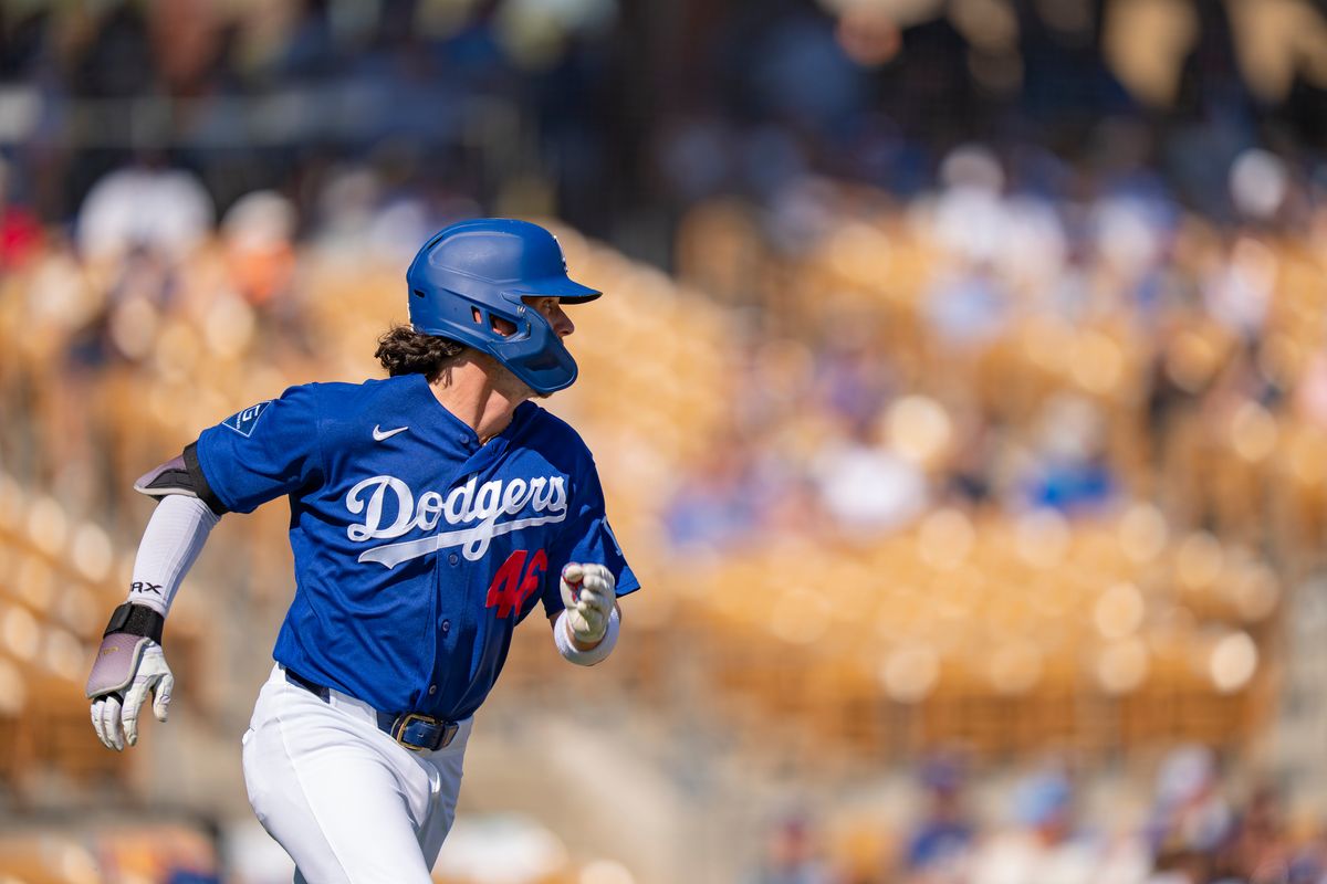 Los Angeles Dodgers infielder Ryan Fitzgerald (46) running to first base during an MLB spring training baseball game against the San Fransisco Giants on March 18th, 2026 in Glendale, AZ. Los Angeles Dodgers infielder Ryan Fitzgerald (46) running to first base during an MLB spring training baseball game against the San Fransisco Giants on March 18th, 2026 in Glendale, AZ.