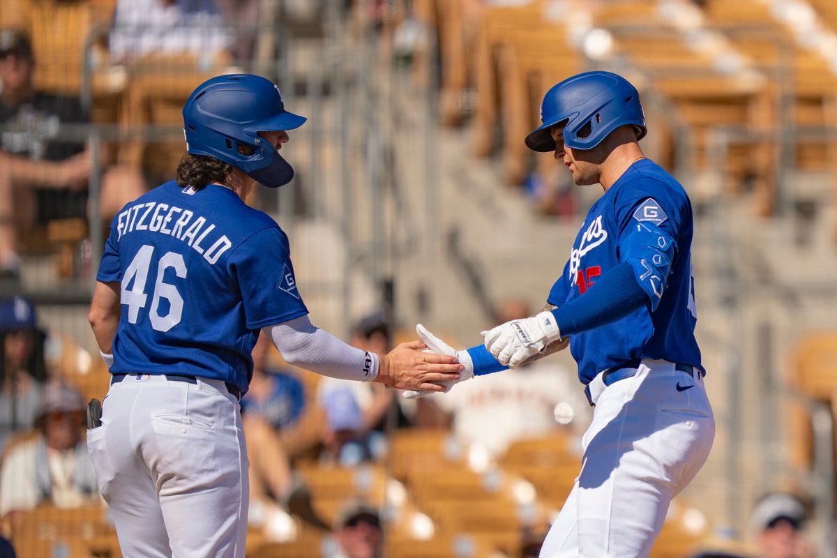Los Angeles Dodgers infielder Nick Senzel (15) celebrating a homerun during an MLB spring training baseball game against the San Fransisco Giants on March 18th, 2026 in Glendale, AZ. Los Angeles Dodgers infielder Nick Senzel (15) celebrating a homerun during an MLB spring training baseball game against the San Fransisco Giants on March 18th, 2026 in Glendale, AZ.
