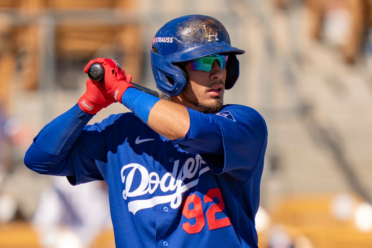 Los Angeles Dodgers infielder Nico Perez (92) at bat during an MLB spring training baseball game against the San Fransisco Giants on March 18th, 2026 in Glendale, AZ. Los Angeles Dodgers infielder Nico Perez (92) at bat during an MLB spring training baseball game against the San Fransisco Giants on March 18th, 2026 in Glendale, AZ.