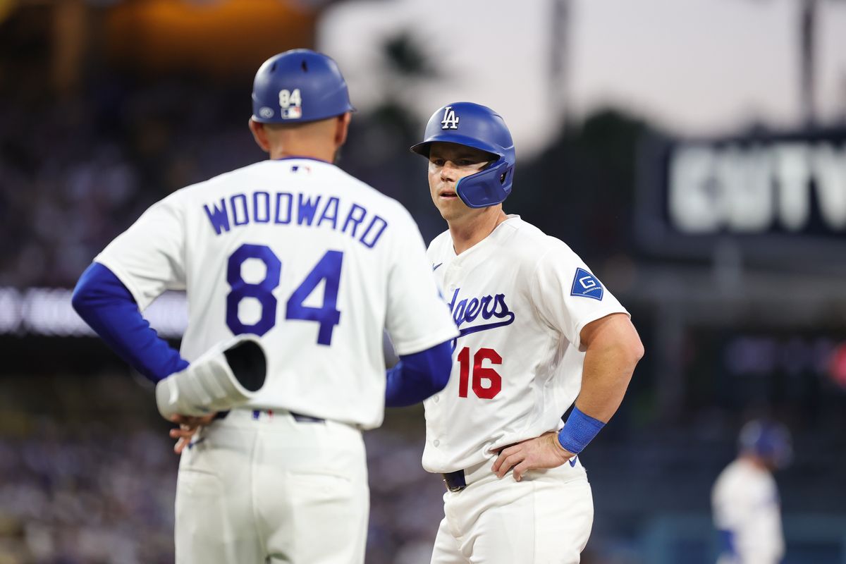 Will Smith #16 of the Los Angeles Dodgers talks to his first base coach during an MLB game against the New York Mets on April 13, 2026 in Los Angeles, CA. Will Smith #16 of the Los Angeles Dodgers talks to his first base coach during an MLB game against the New York Mets on April 13, 2026 in Los Angeles, CA.