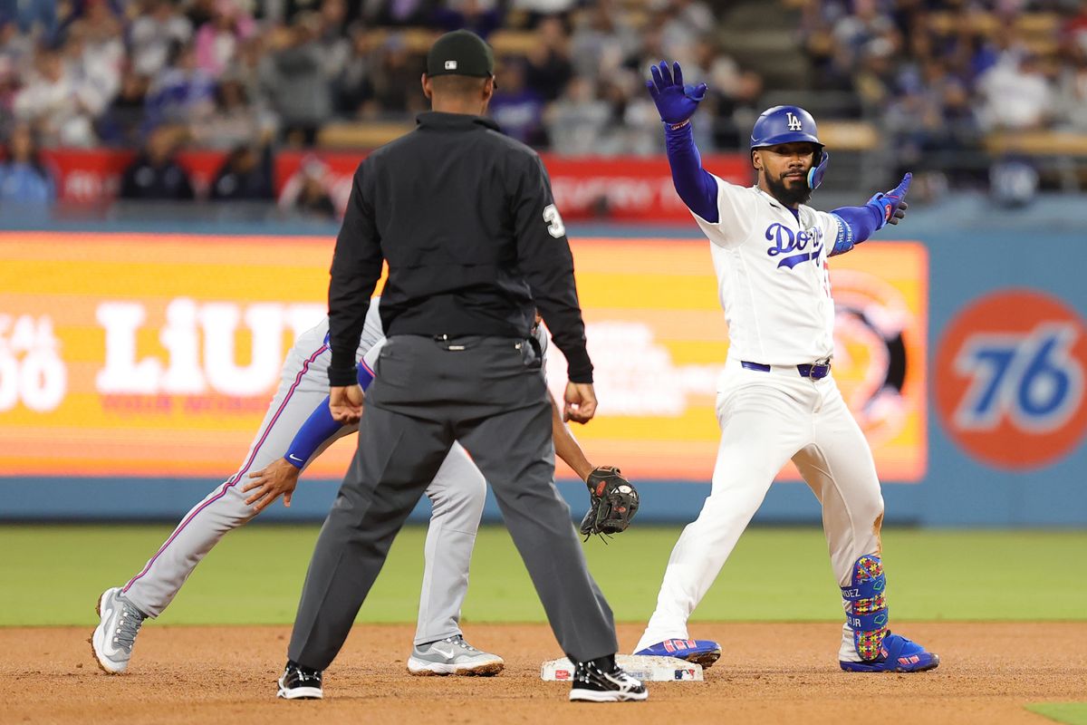 Teoscar Hernandez #37 of the Los Angeles Dodgers celebrates at second base during an MLB game against the New York Mets on April 13, 2026 in Los Angeles, CA. Teoscar Hernandez #37 of the Los Angeles Dodgers celebrates at second base during an MLB game against the New York Mets on April 13, 2026 in Los Angeles, CA.