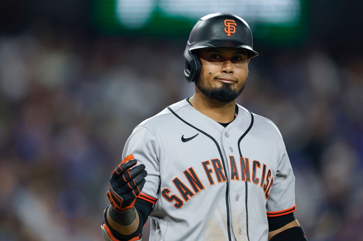 Luis Arraez #1 of the San Francisco Giants reacts against the Los Angeles Dodgers at Dodger Stadium on May 14, 2026 in Los Angeles, CA. Luis Arraez #1 of the San Francisco Giants reacts against the Los Angeles Dodgers at Dodger Stadium on May 14, 2026 in Los Angeles, CA.