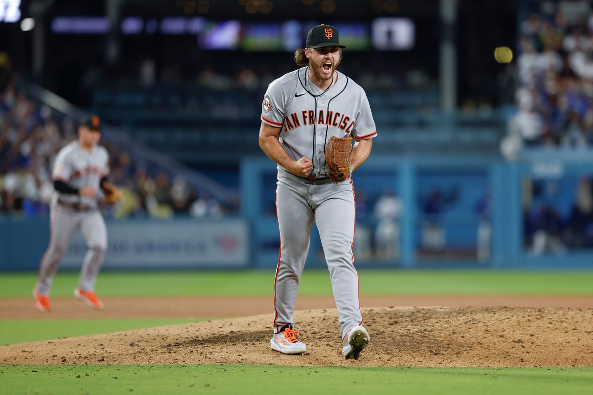 Landen Roupp #65 of the San Francisco Giants celebrates against the Los Angeles Dodgers at Dodger Stadium on May 14, 2026 in Los Angeles, CA. Landen Roupp #65 of the San Francisco Giants celebrates against the Los Angeles Dodgers at Dodger Stadium on May 14, 2026 in Los Angeles, CA.
