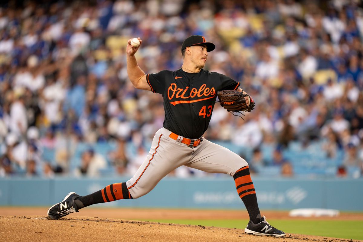 Baltimore Orioles pitcher Trey Gibson (43) pitching during an MLB baseball game against the Los Angeles Dodgers on June 19th, 2026 in Los Angeles, CA. Baltimore Orioles pitcher Trey Gibson (43) pitching during an MLB baseball game against the Los Angeles Dodgers on June 19th, 2026 in Los Angeles, CA.