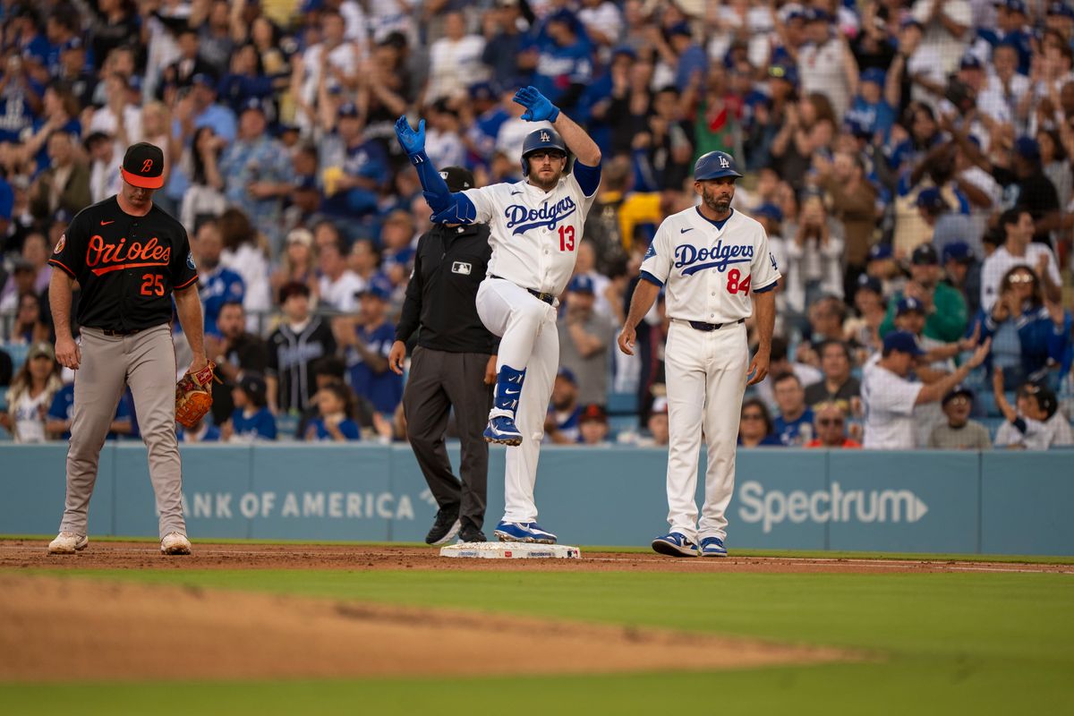 Los Angeles Dodgers infielder Max Muncy (13) celebrating a hit during an MLB baseball game against the Baltimore Orioles on June 19th, 2026 in Los Angeles, CA. Los Angeles Dodgers infielder Max Muncy (13) celebrating a hit during an MLB baseball game against the Baltimore Orioles on June 19th, 2026 in Los Angeles, CA.