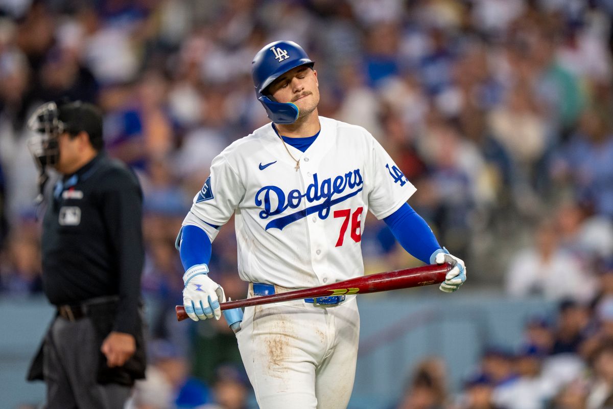 Los Angeles Dodgers infielder Alex Freeland (76) upset after striking out during an MLB baseball game against the Baltimore Orioles on June 19th, 2026 in Los Angeles, CA. Los Angeles Dodgers infielder Alex Freeland (76) upset after striking out during an MLB baseball game against the Baltimore Orioles on June 19th, 2026 in Los Angeles, CA.