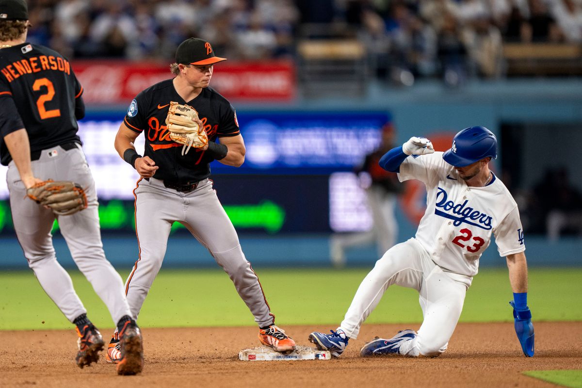 Los Angeles Dodgers outfielder Kyle Tucker (23) is tagged out at second during an MLB baseball game against the Baltimore Orioles on June 19th, 2026 in Los Angeles, CA. Los Angeles Dodgers outfielder Kyle Tucker (23) is tagged out at second during an MLB baseball game against the Baltimore Orioles on June 19th, 2026 in Los Angeles, CA.
