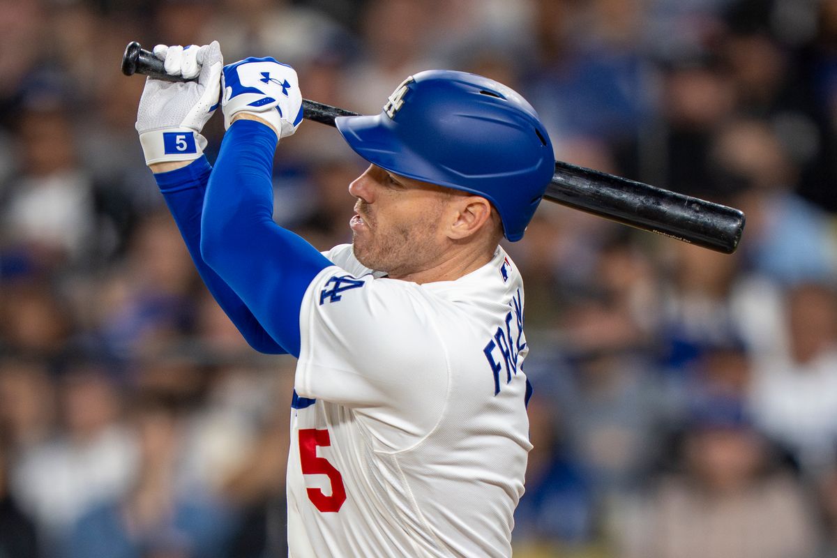 Los Angeles Dodgers infielder Freddie Freeman (5) hits a foul ball during an MLB baseball game against the Baltimore Orioles on June 19th, 2026 in Los Angeles, CA. Los Angeles Dodgers infielder Freddie Freeman (5) hits a foul ball during an MLB baseball game against the Baltimore Orioles on June 19th, 2026 in Los Angeles, CA.