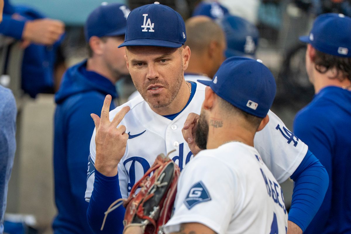 Los Angeles Dodgers infielder Freddie Freeman (5) celebrating in the dugout with Andy Pages during an MLB baseball game against the Baltimore Orioles on June 19th, 2026 in Los Angeles, CA. Los Angeles Dodgers infielder Freddie Freeman (5) celebrating in the dugout with Andy Pages during an MLB baseball game against the Baltimore Orioles on June 19th, 2026 in Los Angeles, CA.
