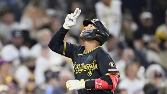 Aug 24, 2026; San Diego, California, USA; Pittsburgh Pirates right fielder Esmerlyn Valdez (55) points skyward after hitting a solo home run during the sixth inning against the San Diego Padres at Petco Park. Aug 24, 2026; San Diego, California, USA; Pittsburgh Pirates right fielder Esmerlyn Valdez (55) points skyward after hitting a solo home run during the sixth inning against the San Diego Padres at Petco Park.