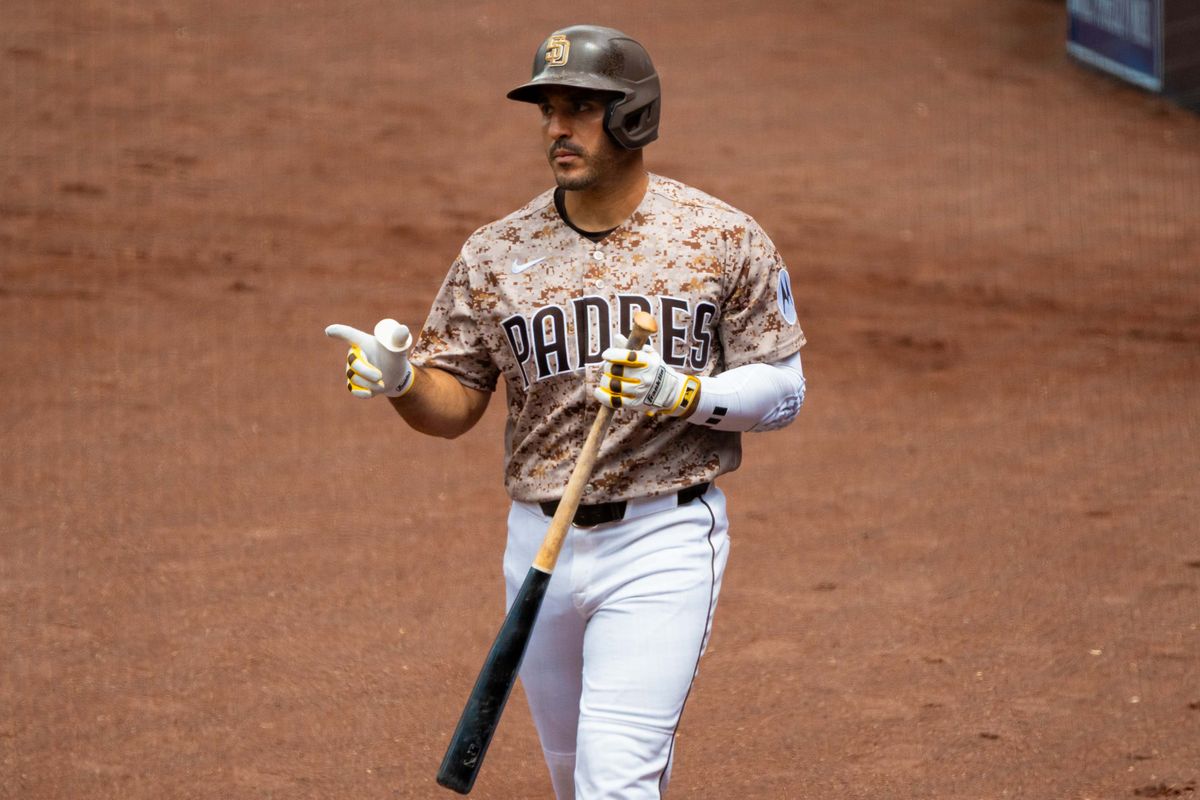 San Diego Padres outfielder Ramón Laureano (5) looks on before an at bat during an MLB game between the Colorado Rockies and the San Diego Padres, Sunday April 12, 2026 at Petco Park in San Diego, Calif. San Diego Padres outfielder Ramón Laureano (5) looks on before an at bat during an MLB game between the Colorado Rockies and the San Diego Padres, Sunday April 12, 2026 at Petco Park in San Diego, Calif.