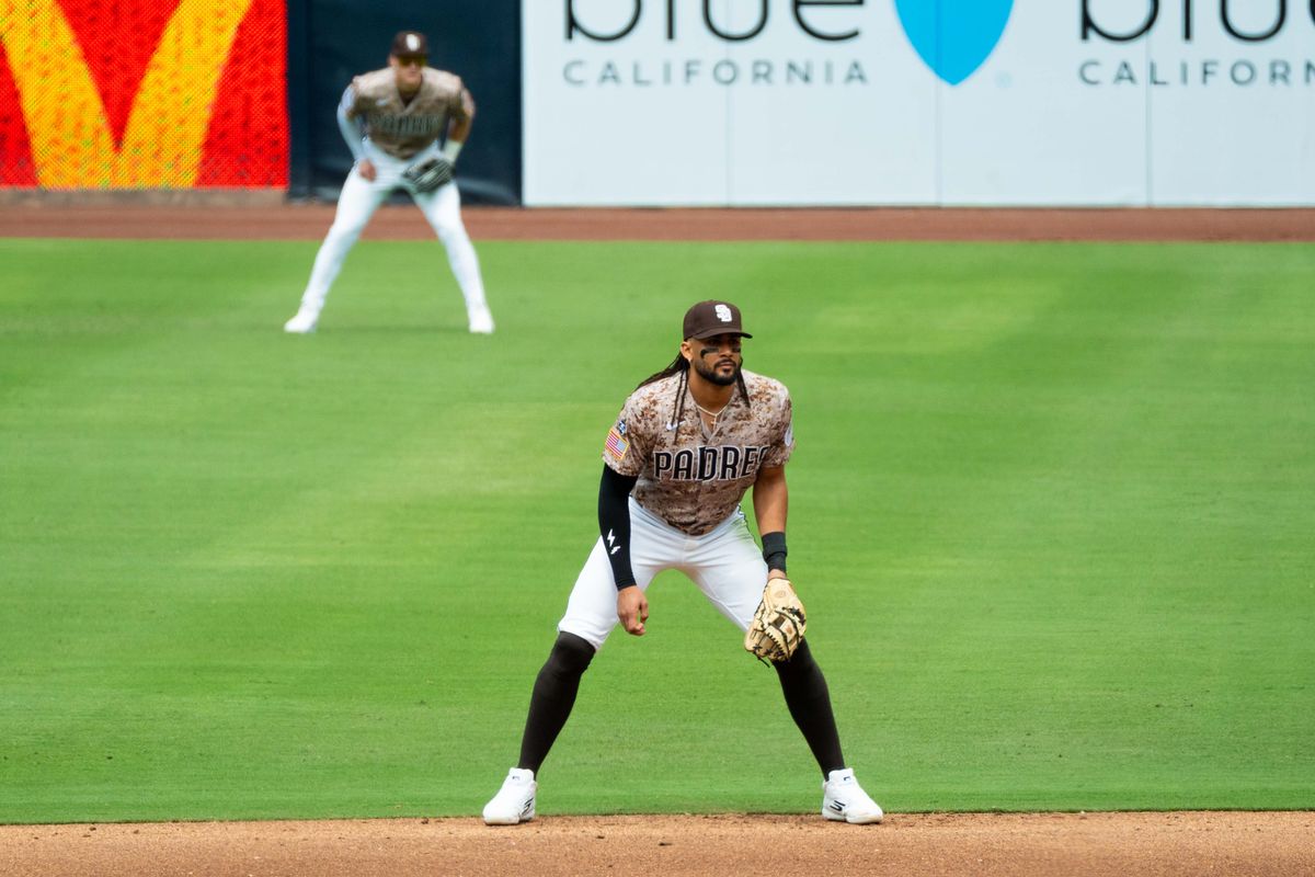 San Diego Padres outfielder Fernando Tatis Jr. (23) plays second base during an MLB game between the Colorado Rockies and the San Diego Padres, Sunday April 12, 2026 at Petco Park in San Diego, Calif. San Diego Padres outfielder Fernando Tatis Jr. (23) plays second base during an MLB game between the Colorado Rockies and the San Diego Padres, Sunday April 12, 2026 at Petco Park in San Diego, Calif.