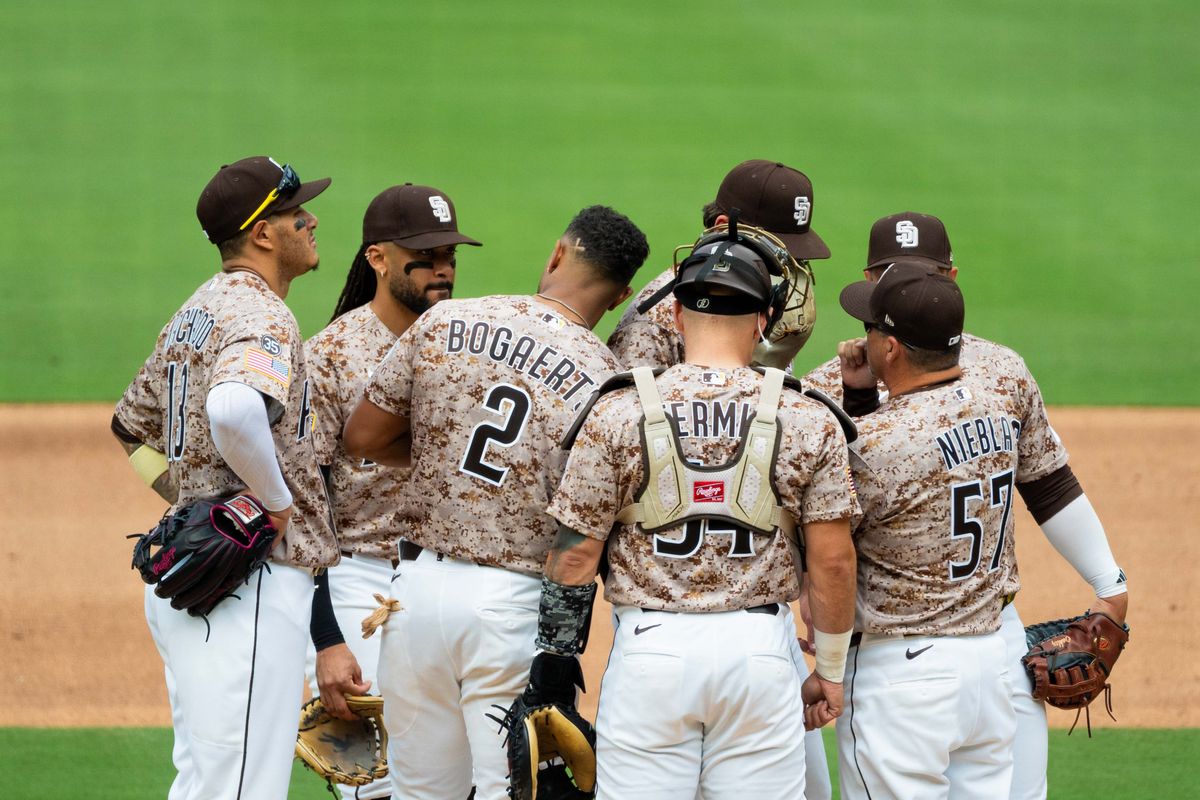 Padres infielders meet at the mound during an MLB game between the Colorado Rockies and the San Diego Padres, Sunday April 12, 2026 at Petco Park in San Diego, Calif. Padres infielders meet at the mound during an MLB game between the Colorado Rockies and the San Diego Padres, Sunday April 12, 2026 at Petco Park in San Diego, Calif.