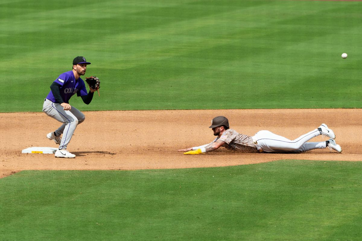 San Diego Padres outfielder Jackson Merrill (3) steals second during an MLB game between the Colorado Rockies and the San Diego Padres, Sunday April 12, 2026 at Petco Park in San Diego, Calif. San Diego Padres outfielder Jackson Merrill (3) steals second during an MLB game between the Colorado Rockies and the San Diego Padres, Sunday April 12, 2026 at Petco Park in San Diego, Calif.