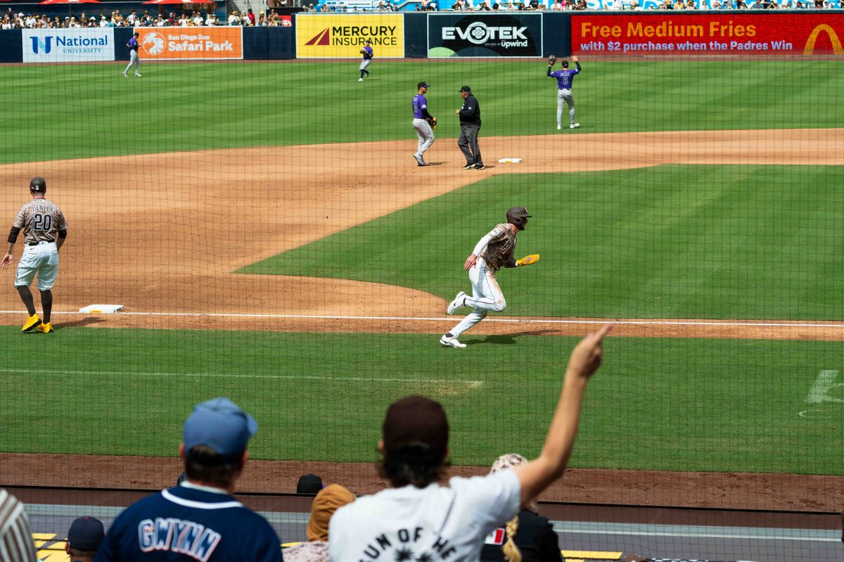 San Diego Padres outfielder Jackson Merrill (3) runs home during an MLB game between the Colorado Rockies and the San Diego Padres, Sunday April 12, 2026 at Petco Park in San Diego, Calif. San Diego Padres outfielder Jackson Merrill (3) runs home during an MLB game between the Colorado Rockies and the San Diego Padres, Sunday April 12, 2026 at Petco Park in San Diego, Calif.