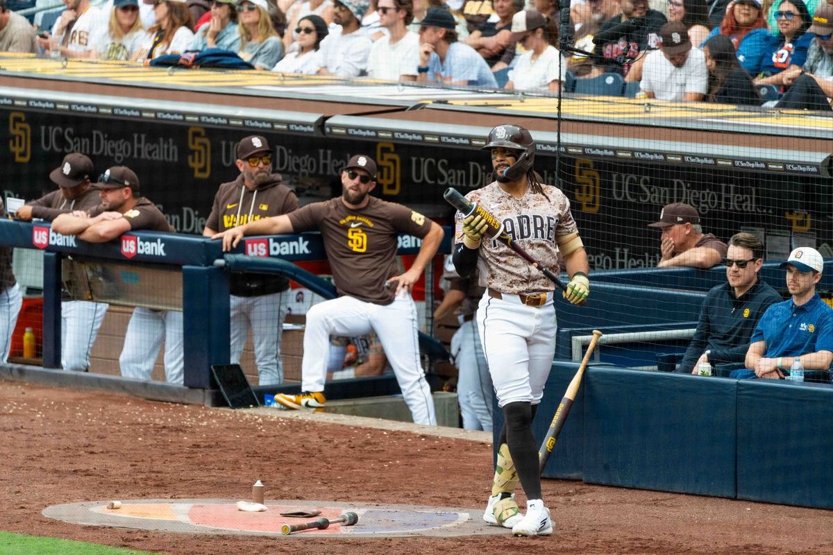 San Diego Padres outfielder Fernando Tatis Jr. (23) waits on deck during an MLB game between the Colorado Rockies and the San Diego Padres, Sunday April 12, 2026 at Petco Park in San Diego, Calif. San Diego Padres outfielder Fernando Tatis Jr. (23) waits on deck during an MLB game between the Colorado Rockies and the San Diego Padres, Sunday April 12, 2026 at Petco Park in San Diego, Calif.