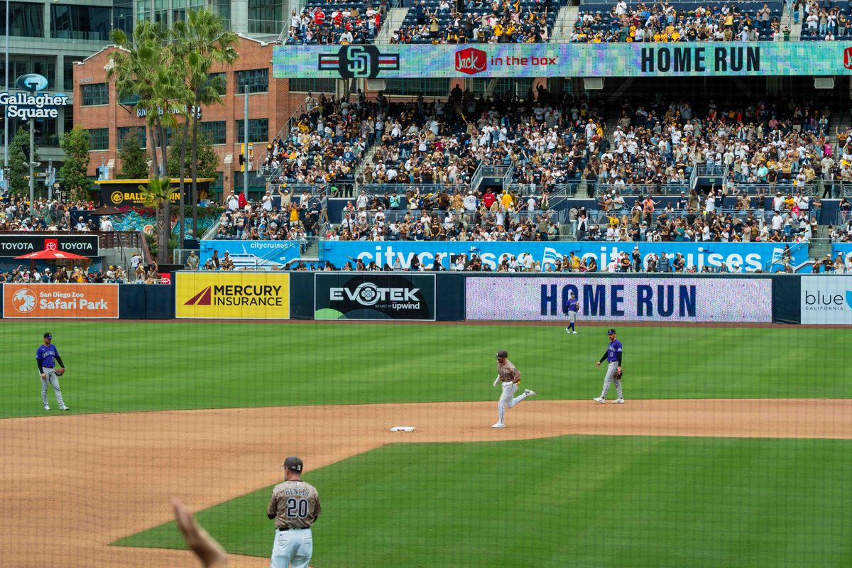San Diego Padres outfielder Jackson Merrill (3) rounds second after hitting a home run during an MLB game between the Colorado Rockies and the San Diego Padres, Sunday April 12, 2026 at Petco Park in San Diego, Calif. San Diego Padres outfielder Jackson Merrill (3) rounds second after hitting a home run during an MLB game between the Colorado Rockies and the San Diego Padres, Sunday April 12, 2026 at Petco Park in San Diego, Calif.