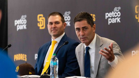Padres General Manager A.J. Preller speaks to media as Craig Stammen is introduced as the new Padres manager, Monday November 10, 2025 in San Diego, Calif. Padres General Manager A.J. Preller speaks to media as Craig Stammen is introduced as the new Padres manager, Monday November 10, 2025 in San Diego, Calif.