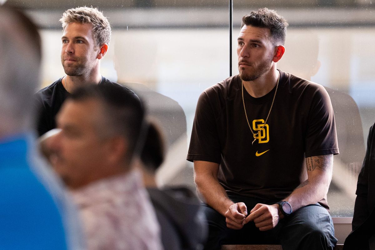 Padres pitchers Jason Adam and Joe Musgrove watch as Craig Stammen is introduced as the new Padres manager, Monday November 10, 2025 in San Diego, Calif. Padres pitchers Jason Adam and Joe Musgrove watch as Craig Stammen is introduced as the new Padres manager, Monday November 10, 2025 in San Diego, Calif.