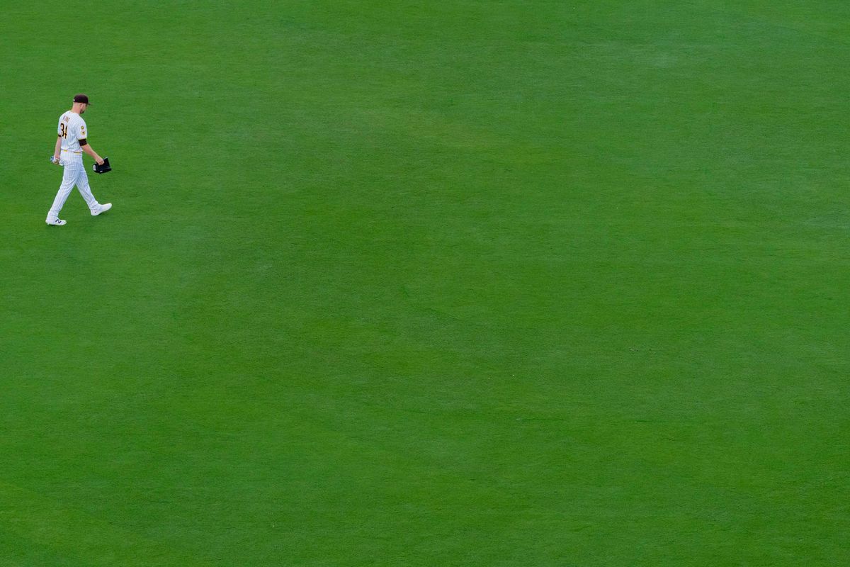 San Diego Padres starting pitcher Michael King (34) walks through the outfield before an MLB game between the Detroit Tigers and the San Diego Padres, Friday March 27, 2026 at Petco Park in San Diego, Calif. San Diego Padres starting pitcher Michael King (34) walks through the outfield before an MLB game between the Detroit Tigers and the San Diego Padres, Friday March 27, 2026 at Petco Park in San Diego, Calif.