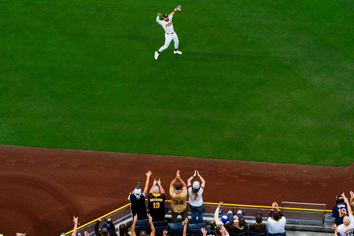 San Diego Padres outfielder Fernando Tatis Jr. (23) waves to fans before an MLB game between the Detroit Tigers and the San Diego Padres, Friday March 27, 2026 at Petco Park in San Diego, Calif. San Diego Padres outfielder Fernando Tatis Jr. (23) waves to fans before an MLB game between the Detroit Tigers and the San Diego Padres, Friday March 27, 2026 at Petco Park in San Diego, Calif.